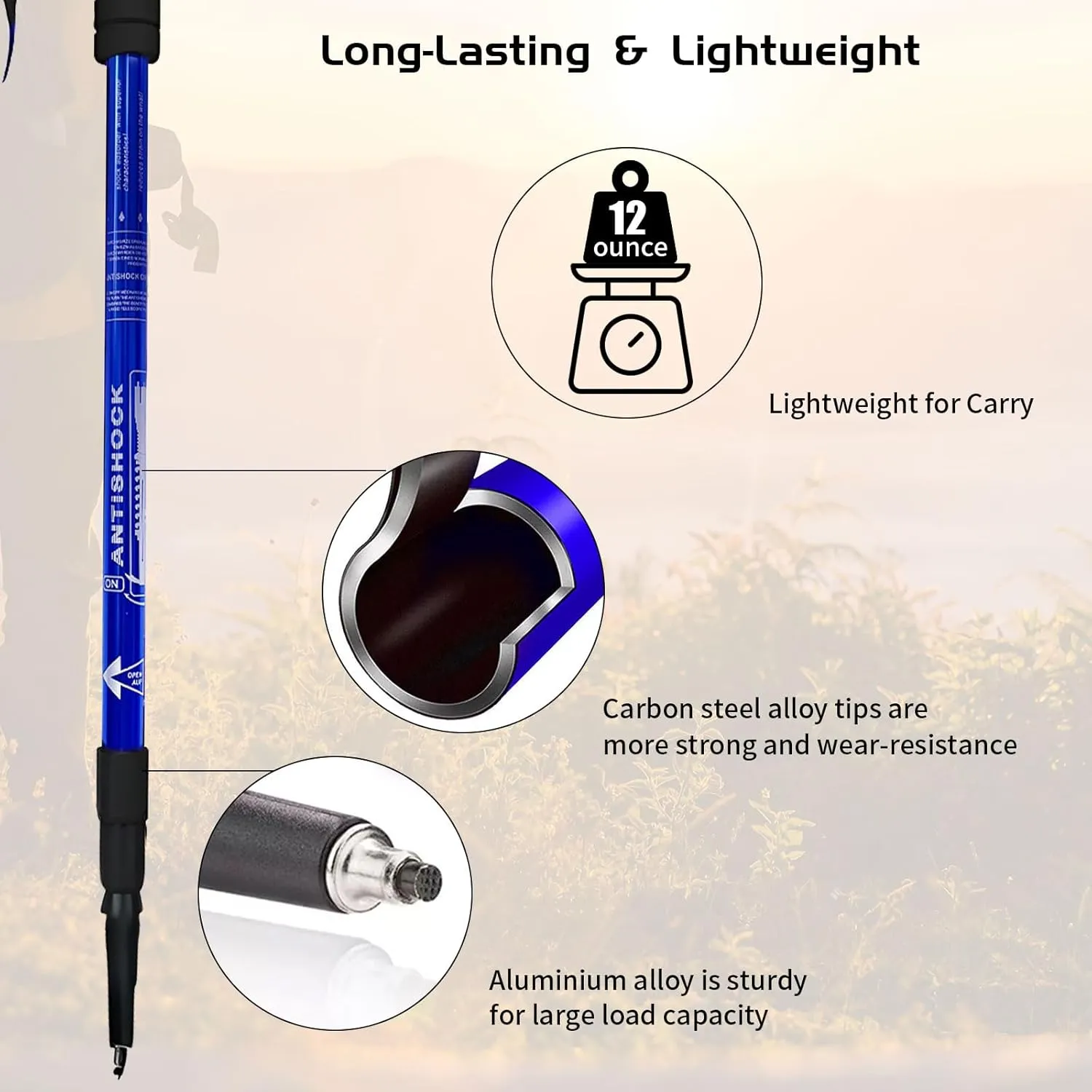 Trekking Poles, Adjustable Telescopic 3-Section Hiking Poles, Lightweight Aluminum Trekking Poles for Hiking, Backpacking, Anti-Shock Walking Sticks for Men Women Kids, 2Pack