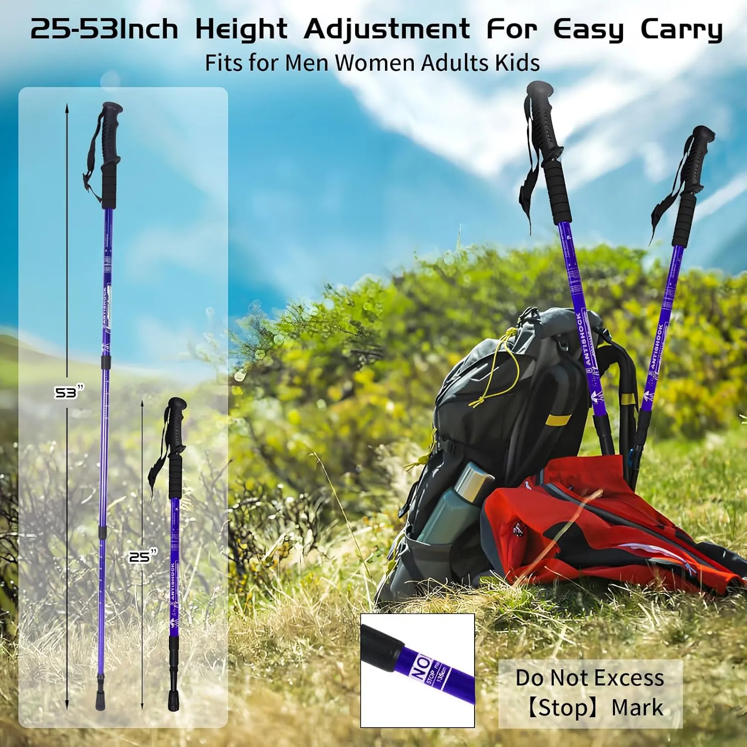 Trekking Poles, Adjustable Telescopic 3-Section Hiking Poles, Lightweight Aluminum Trekking Poles for Hiking, Backpacking, Anti-Shock Walking Sticks for Men Women Kids, 2Pack