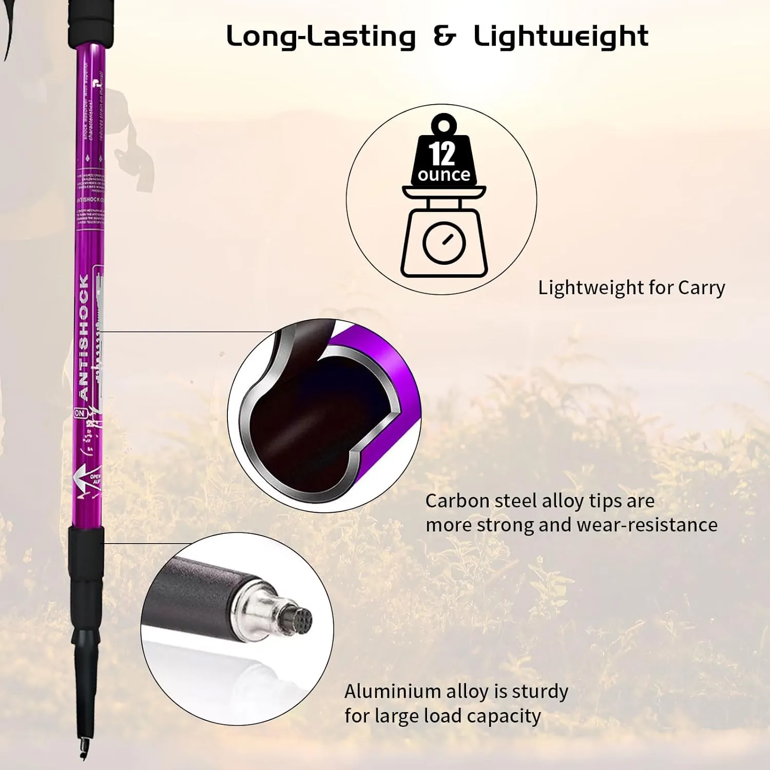 Trekking Poles, Adjustable Telescopic 3-Section Hiking Poles, Lightweight Aluminum Trekking Poles for Hiking, Backpacking, Anti-Shock Walking Sticks for Men Women Kids, 2Pack