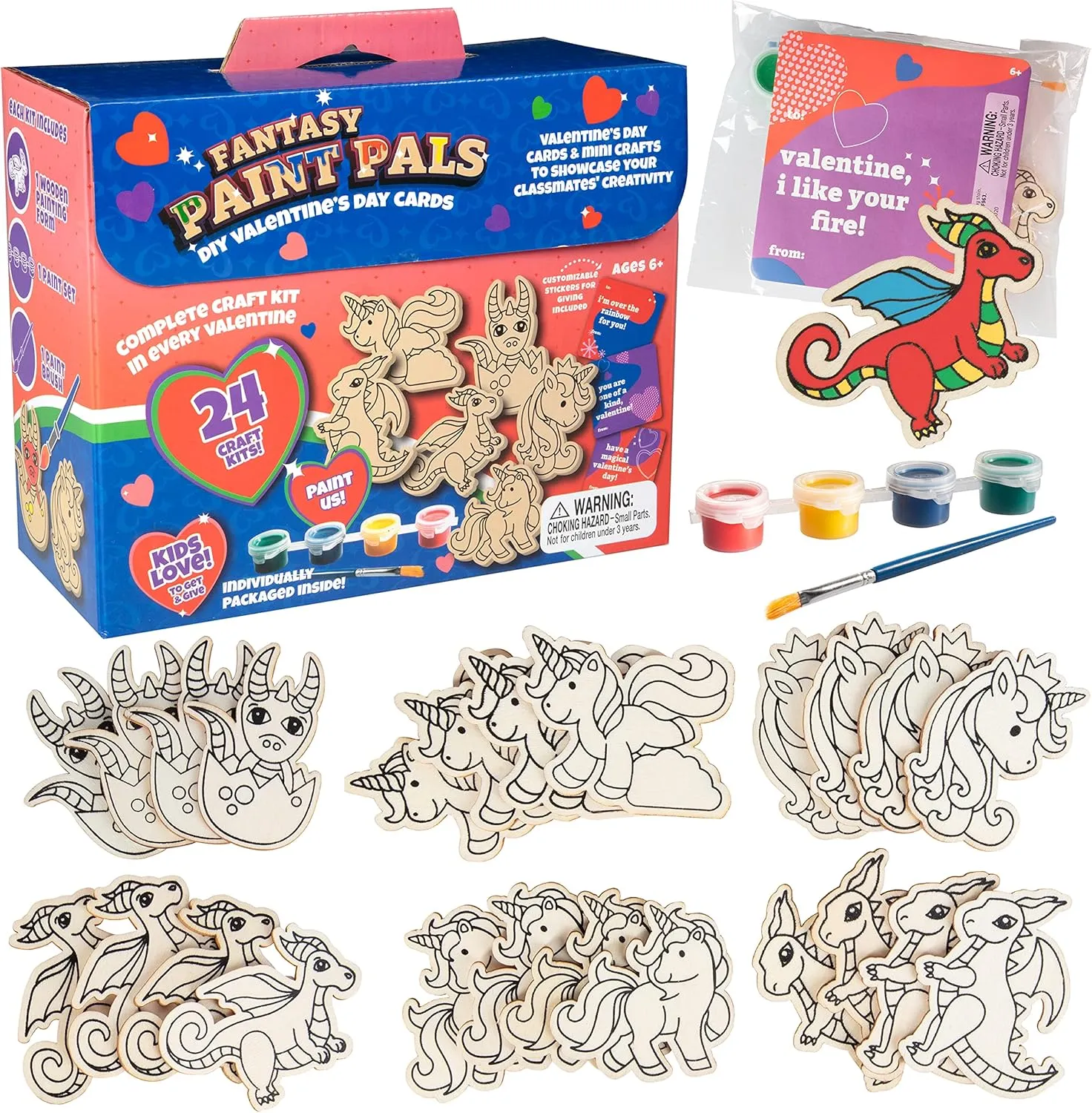 Unicorn & Dragon Wood Painting Kits (24ct)- Perfect Goodie Bag Party Favors for Kids Birthday Party -Each has a Wood Craft, Paints, Brush & Sticker for Boys & Girls - Kids Multi-Item Party Favor Packs