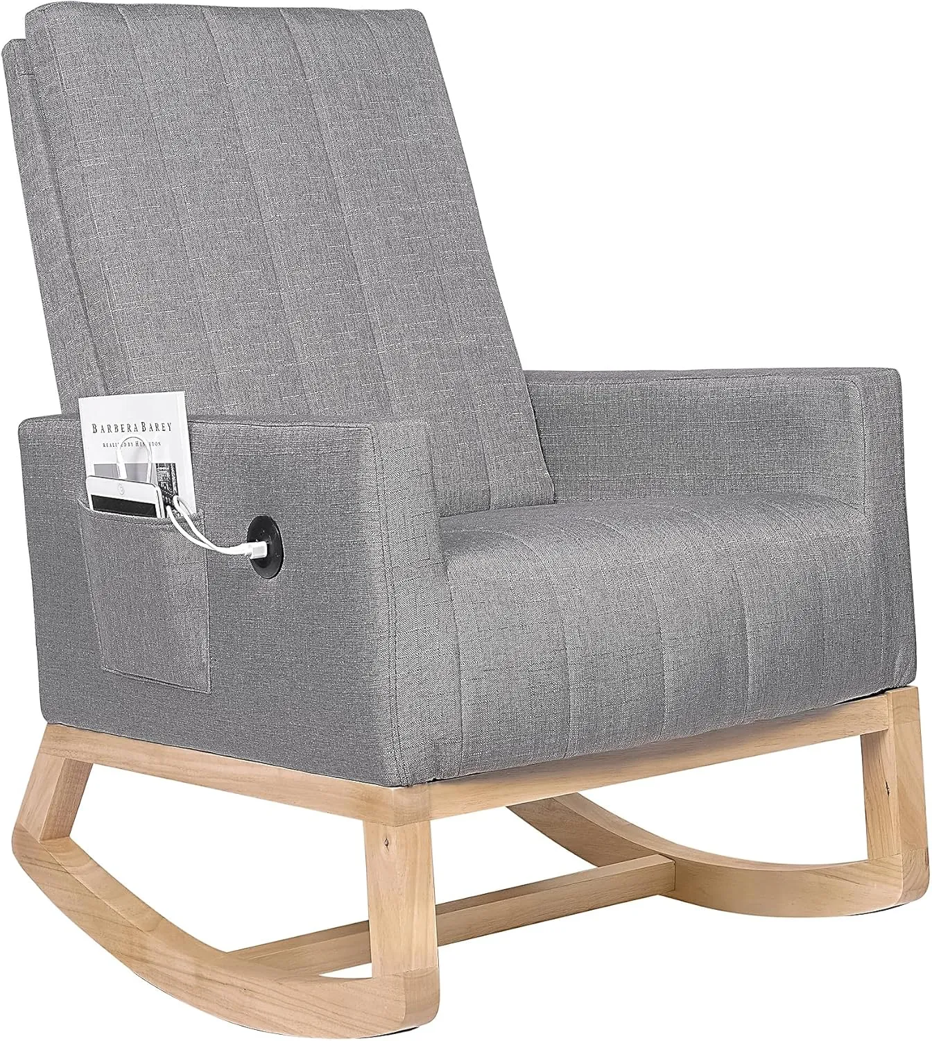 VECELO Nursery Rocking Chair, Upholstered Comfortable Glider Rocker with USB Port & Side Pocket, High Back Armchair for Living Room Bedroom