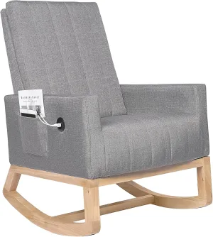 VECELO Nursery Rocking Chair, Upholstered Comfortable Glider Rocker with USB Port & Side Pocket, High Back Armchair for Living Room Bedroom