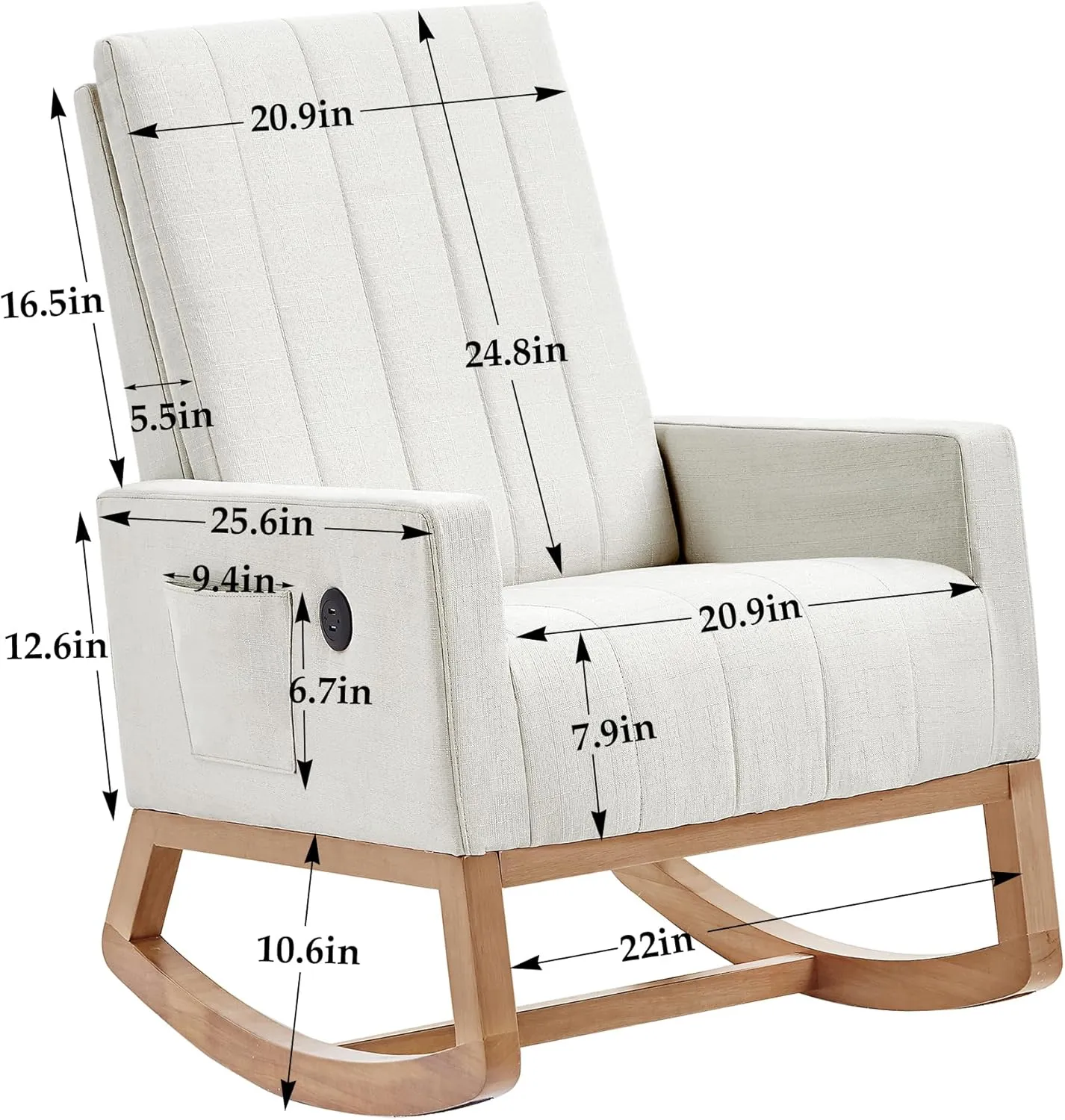 VECELO Rocking Chair, Upholstered Glider Rocker for Nursery Comfy Armchair with Safe Solid Wood Base/USB Port/Side Pocket for Living Room Bedroom Balcony Home Office, Off-White