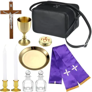 Vinsatin Catholic Travel Mass Kit Communion Pastoral Sick Call Set Include 1 Gold Pyx, 1 Stole, 1 Carrying Case, 1 Crucifix, 2 Glass Bottles, 1 Chalice, 1 Paten, 2 Candlestick Bases and 2 Candles