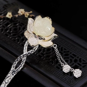Vintage Hair Sticks Hairpin, S925 Sterling Silver Chinese Hair Chopsticks, Ornate Lotus Jade Hair Sticks With Tassel, Twist Hair Bun Eternal Jewelry for Bride Girl Women