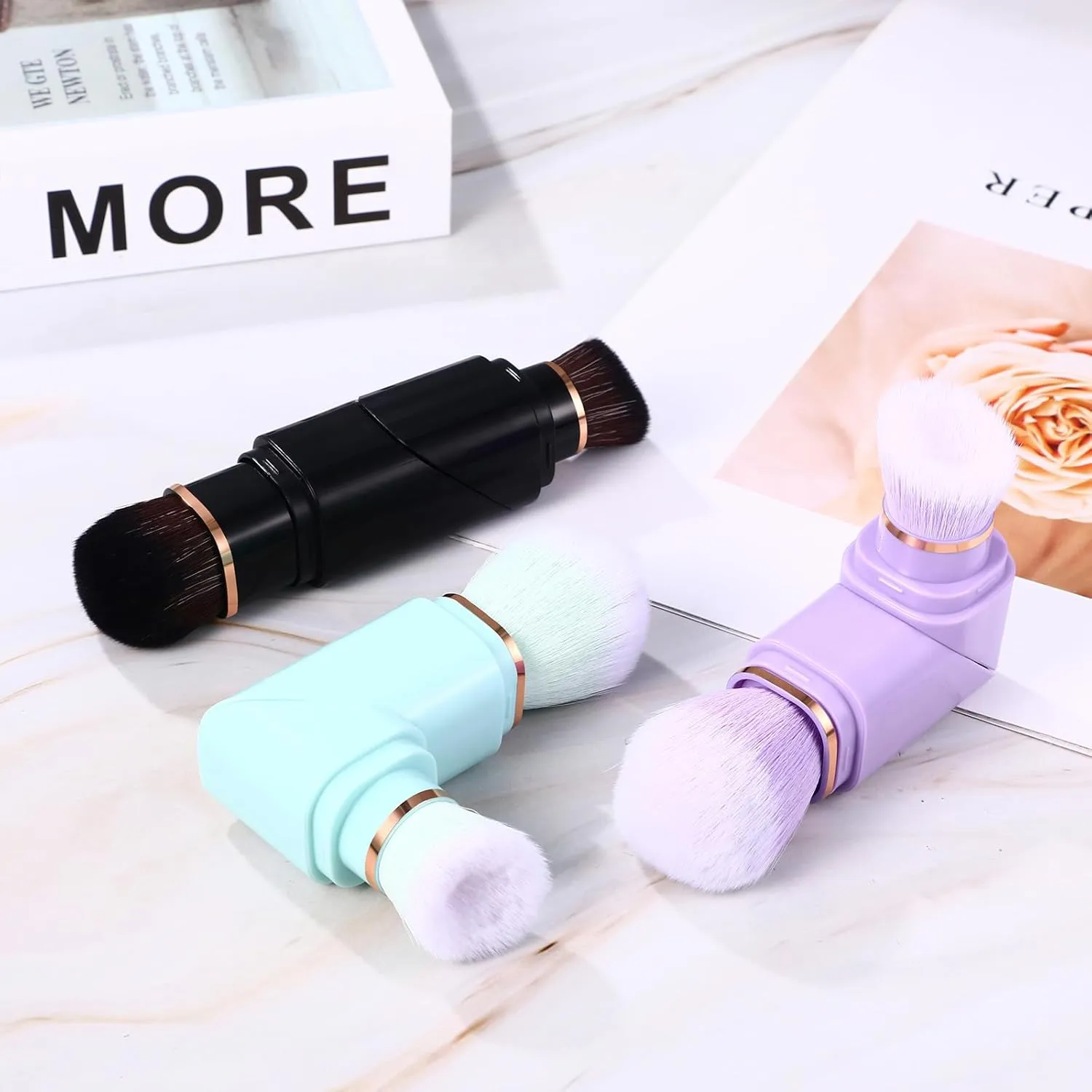 Vtrem Retractable Travel Makeup Brush: 3 Colors Kabuki Double-Ended Foundation Blush Brushes Set Mini Compact Face Brush with Cover Highlighter Flawless Powder Cosmetics, Blue Black Purple