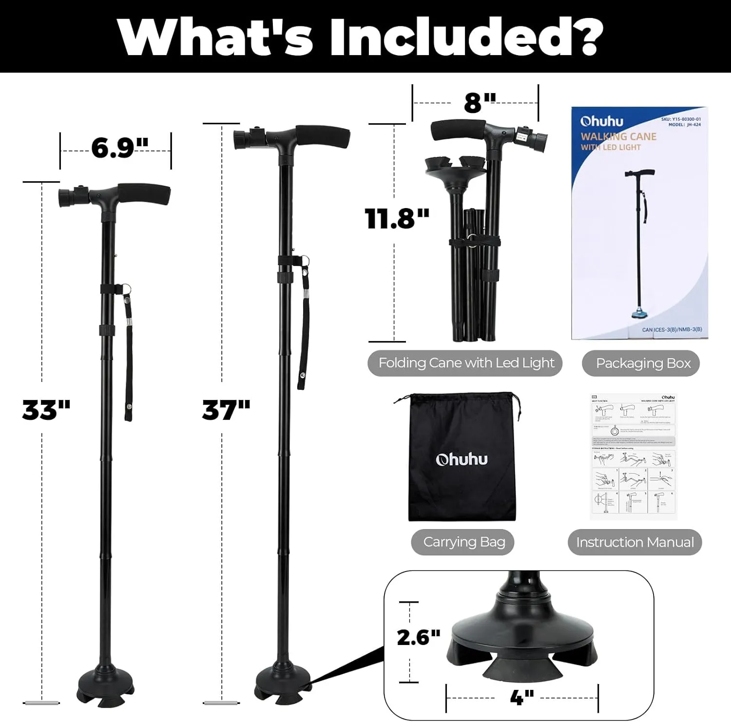 Walking Cane for Men Women: Ohuhu Walking Canes with LED Light Folding Walking Stick Adjustable Free Standing Canes with Wrist Strap Travel Bag for Seniors Adults