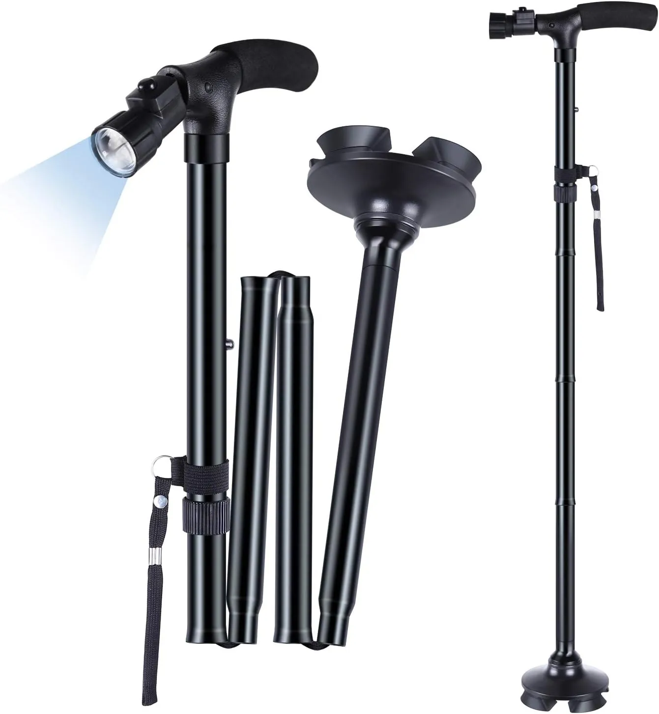 Walking Cane for Men Women: Ohuhu Walking Canes with LED Light Folding Walking Stick Adjustable Free Standing Canes with Wrist Strap Travel Bag for Seniors Adults