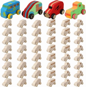 Wettarn 48 Pcs Wood DIY Car Toys, Unfinished Wooden Cars, Paintable Wood Toys, Wooden Crafts for Students Home Activities Craft Projects Easy Woodworking