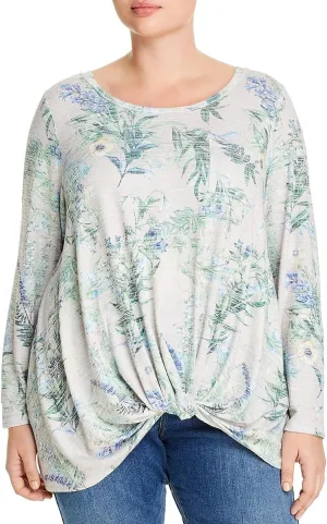 Womens Beige Stretch Twist Front Pocketed Floral Long Sleeve Round Neck Top Plus 2X