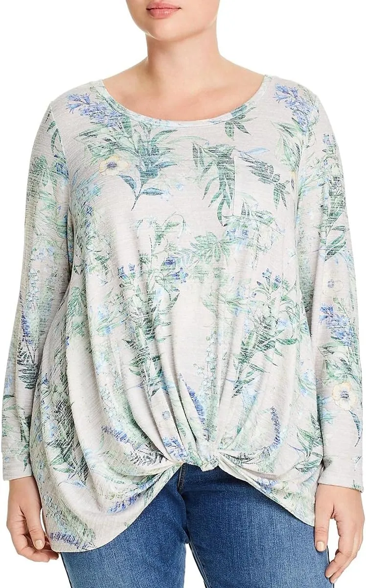 Womens Beige Stretch Twist Front Pocketed Floral Long Sleeve Round Neck Top Plus 2X