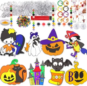 WorldBazaar 24 Sets Halloween Suncatchers Craft Ornament DIY Window Paint Art Suncatcher Craft Kits Pumpkin Bat Cat Sun Catchers for Kids Classroom Halloween Activities Holiday Art Project