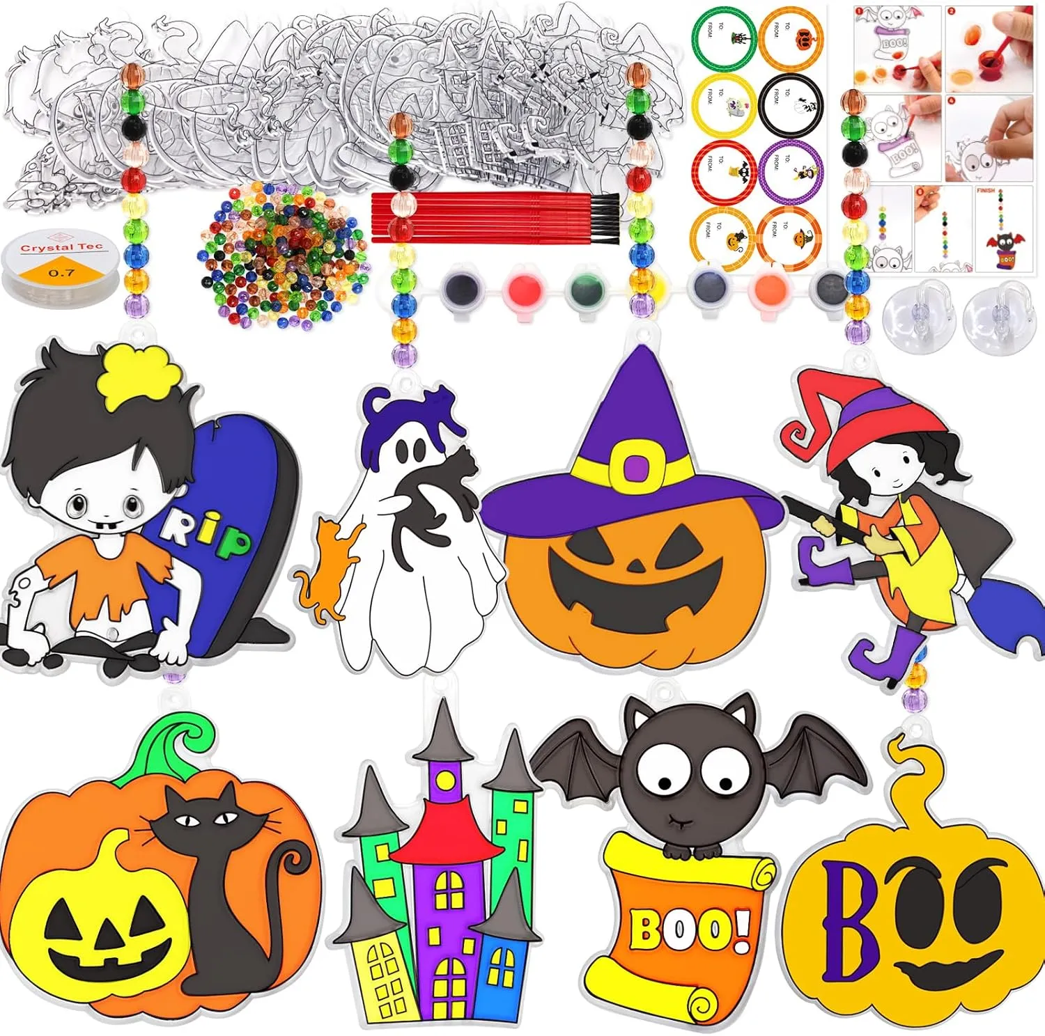 WorldBazaar 24 Sets Halloween Suncatchers Craft Ornament DIY Window Paint Art Suncatcher Craft Kits Pumpkin Bat Cat Sun Catchers for Kids Classroom Halloween Activities Holiday Art Project