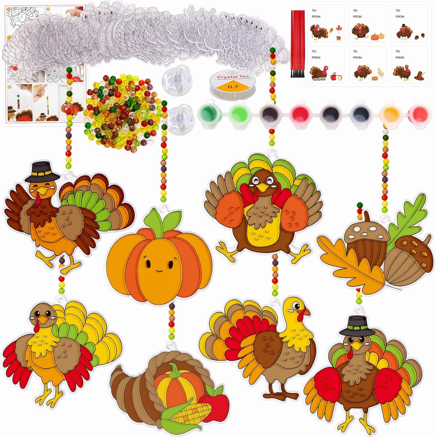 WorldBazaar 24 Sets Thanksgiving Suncatchers Craft Ornaments Thanksgiving Window Art Suncatchers Craft Kits Thanksgiving Sun Catchers for Kids Classroom Fall Thanksgiving Harvest Party Activity