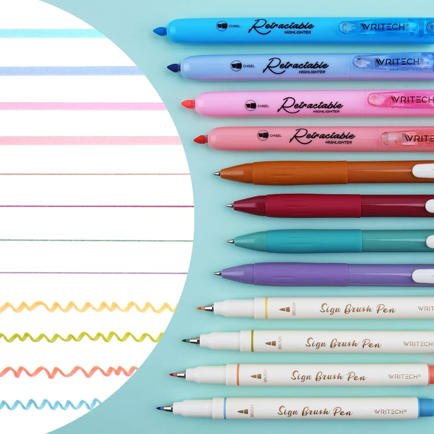 WRITECH Journaling Pens Set, Includes 4 Retractable Highlighters, 4 Retractable Gel Ink Pens, and 4 Brush Pens, No Bleed Assorted Colors, 12-Count (Mild Set)