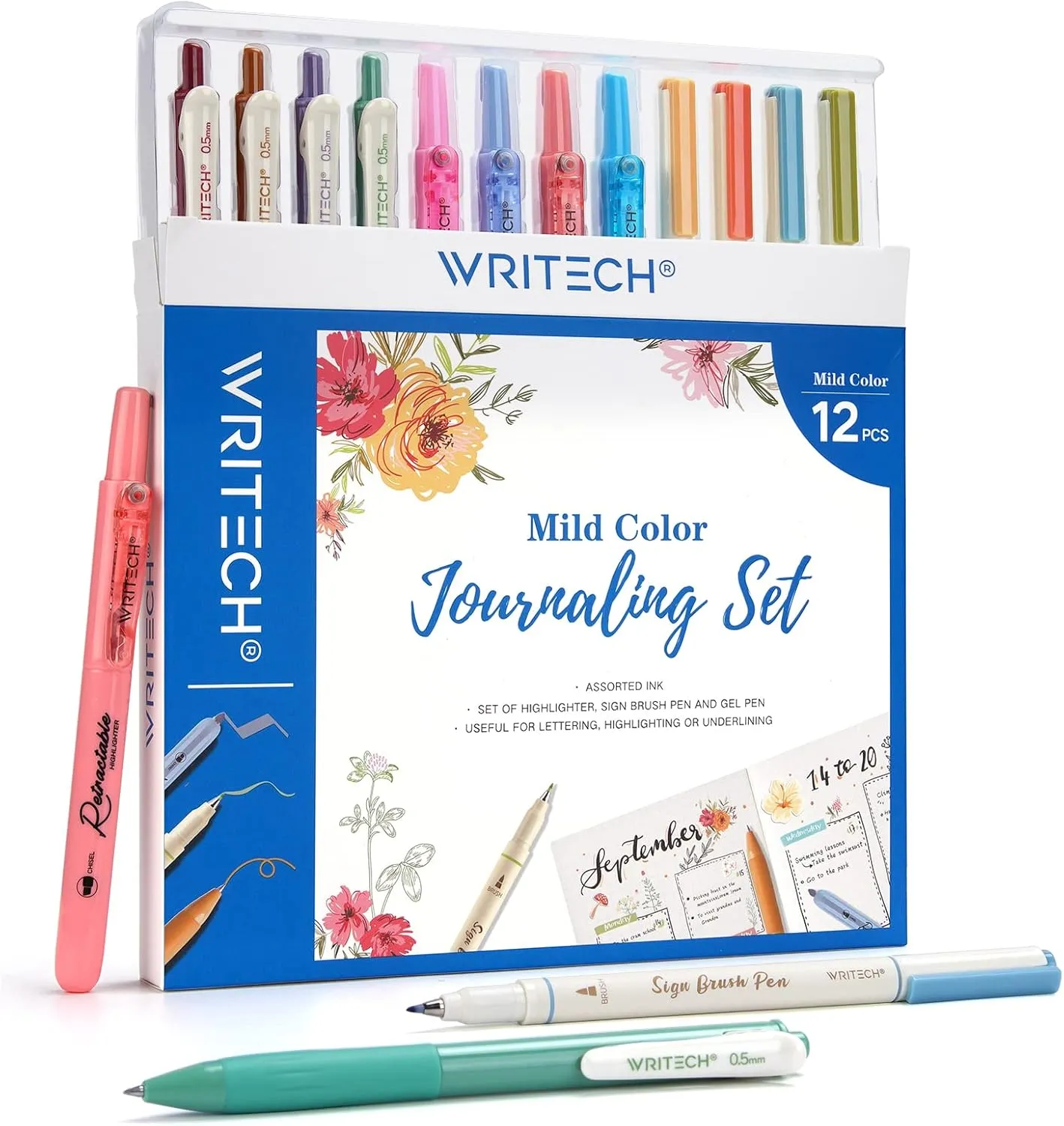 WRITECH Journaling Pens Set, Includes 4 Retractable Highlighters, 4 Retractable Gel Ink Pens, and 4 Brush Pens, No Bleed Assorted Colors, 12-Count (Mild Set)