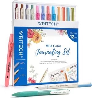 WRITECH Journaling Pens Set, Includes 4 Retractable Highlighters, 4 Retractable Gel Ink Pens, and 4 Brush Pens, No Bleed Assorted Colors, 12-Count (Mild Set)