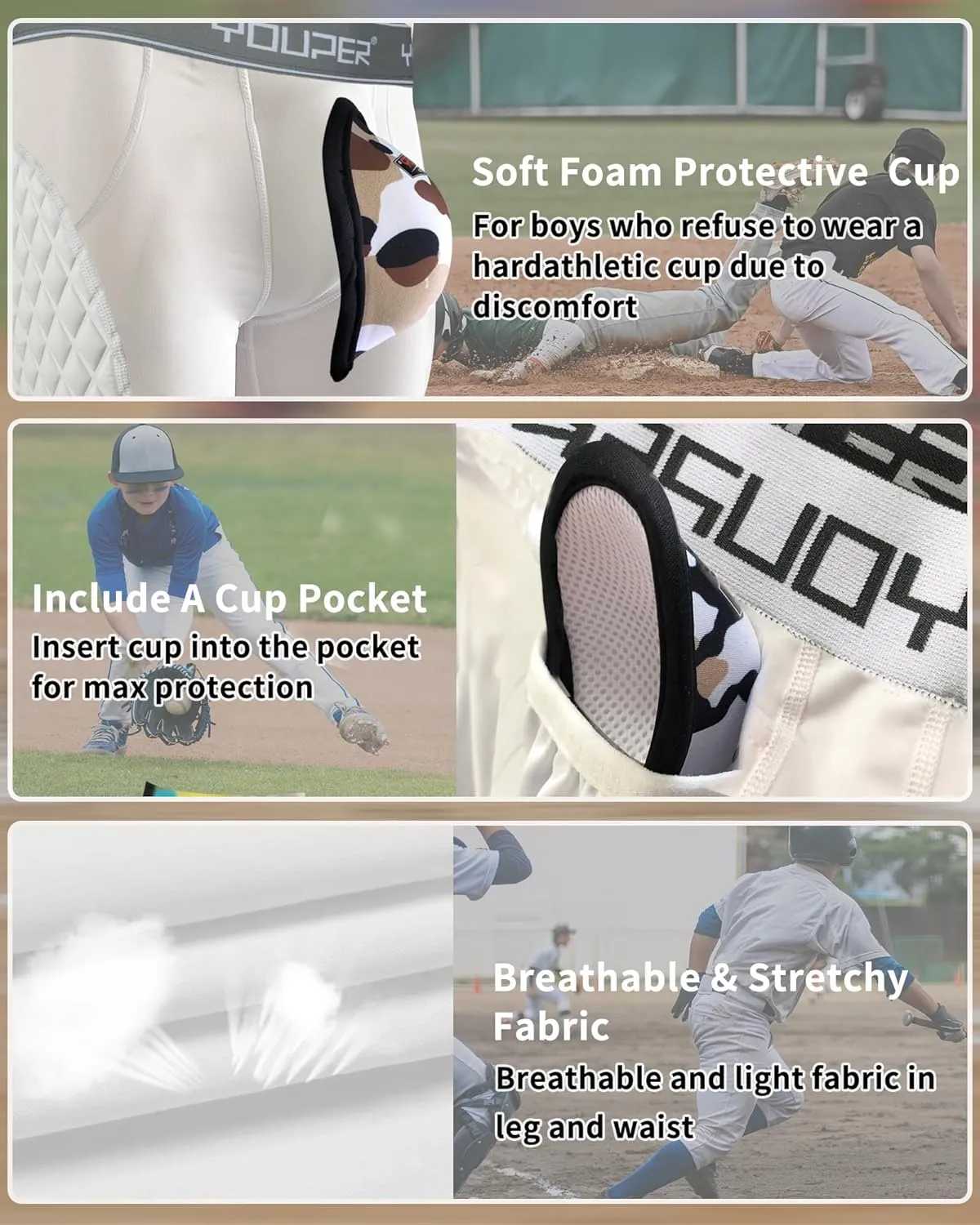Youper Youth Elite Padded Baseball Sliding Shorts w/Soft Athletic Cup