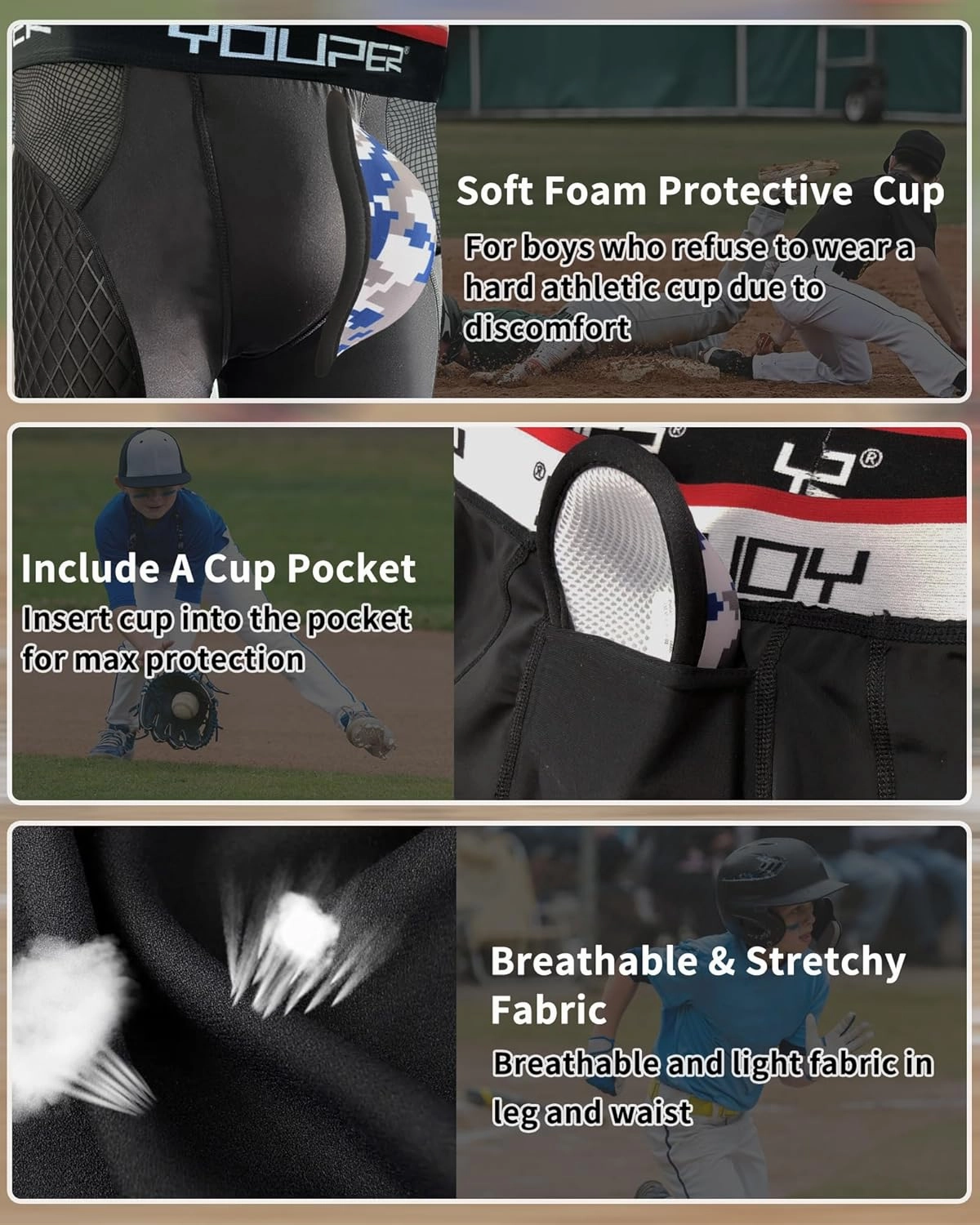 Youper Youth Elite Padded Baseball Sliding Shorts w/Soft Athletic Cup