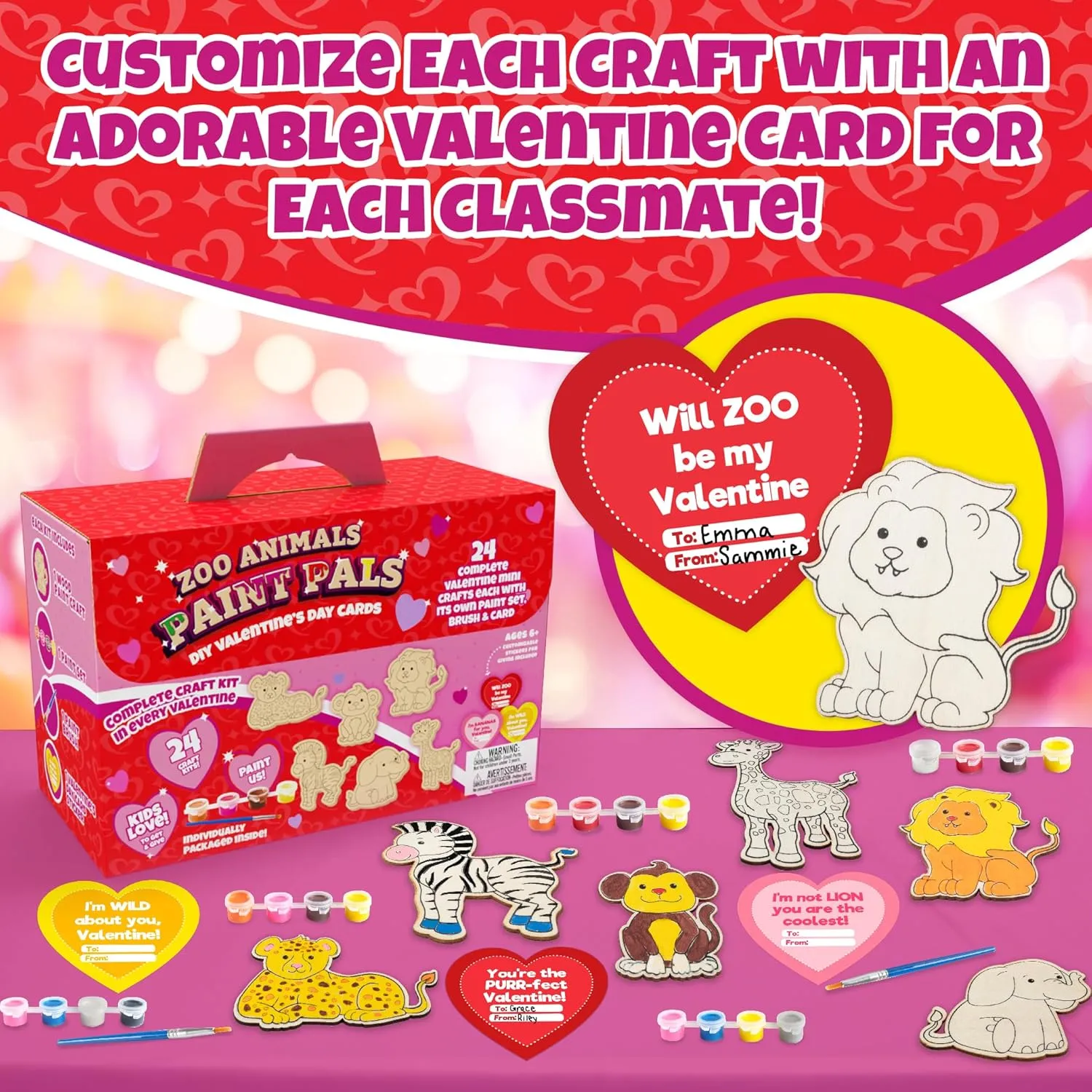 Zoo Animals Wood Painting Kits (24 ct)- Perfect Goodie Bag Party Favors for Kids Birthday Party -Each has an Animal Wood Craft, Paints, Brush & Sticker for Boys & Girls- Kids Party Favor Activity Kits