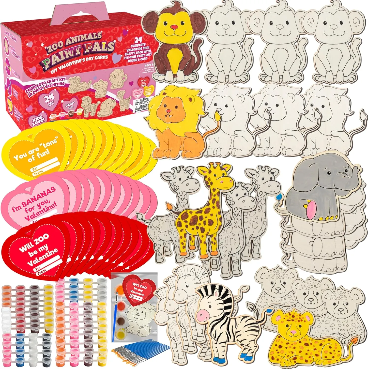 Zoo Animals Wood Painting Kits (24 ct)- Perfect Goodie Bag Party Favors for Kids Birthday Party -Each has an Animal Wood Craft, Paints, Brush & Sticker for Boys & Girls- Kids Party Favor Activity Kits